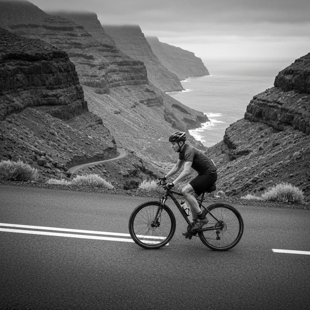Ciclista en carretera de montaña en Canarias